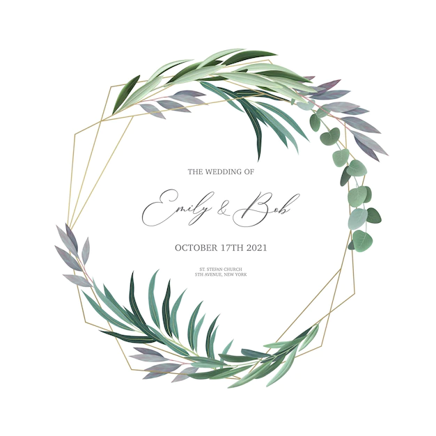Free Vector | Realistic wedding invitation design frame with eucalyptus leaves and text field  illustration