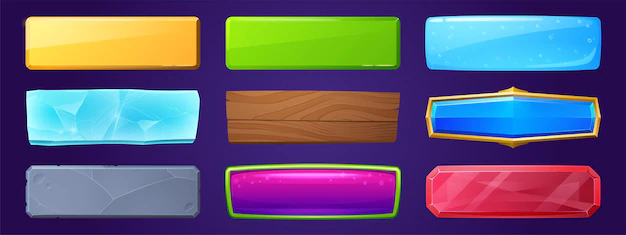 Free Vector | Rectangle buttons with golden, wooden and water textures for ui game design. vector cartoon set of glossy labels from ice, stone, red crystal and purple jelly isolated on background