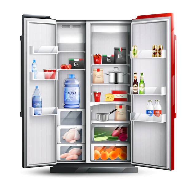 Free Vector | Red and black open refrigerator with products