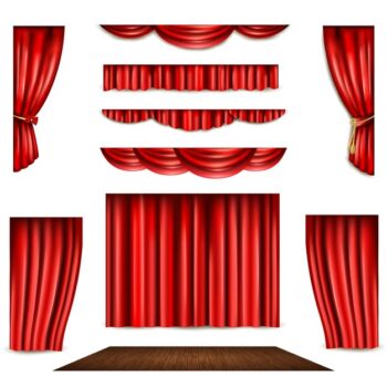 Free Vector | Red curtain and stage icons set