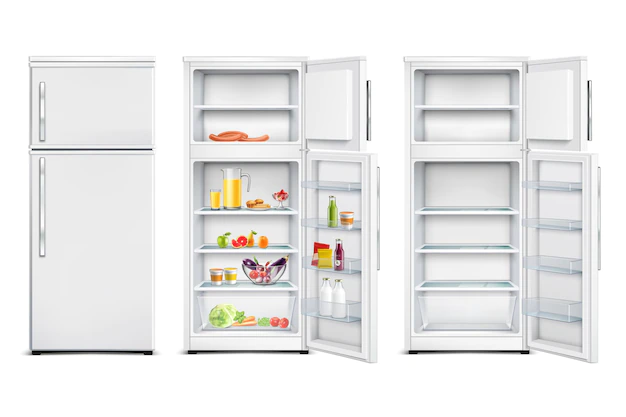 Free Vector | Refrigerator fridge realistic set of isolated cold storage units with products open and closed door