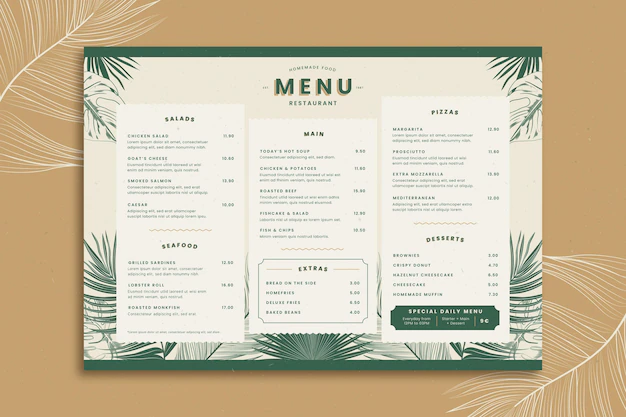 Free Vector | Restaurant menu template with tropical leaves