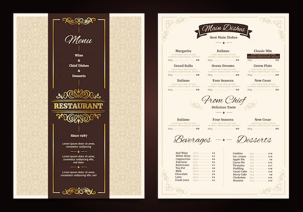 Free Vector | Restaurant menu vintage design with ornate frame and ribbon chef dishes beverages