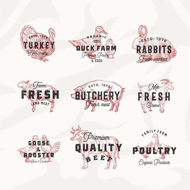 Free Vector | Retro cattle and poultry  logo templates set.