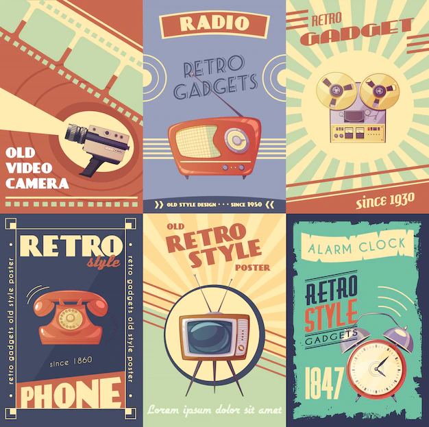 Free Vector | Retro gadgets cartoon posters with camera radio musical player phone tv alarm clock