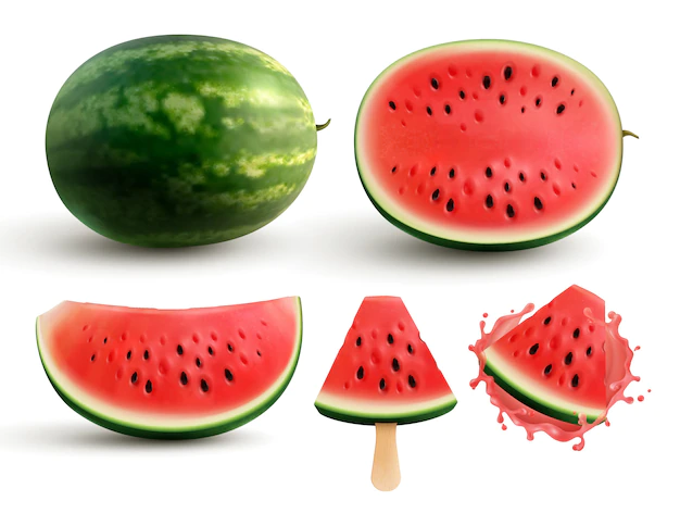 Free Vector | Ripe juicy watermelon whole half quarter segment and bite sized pieces on stick realistic set