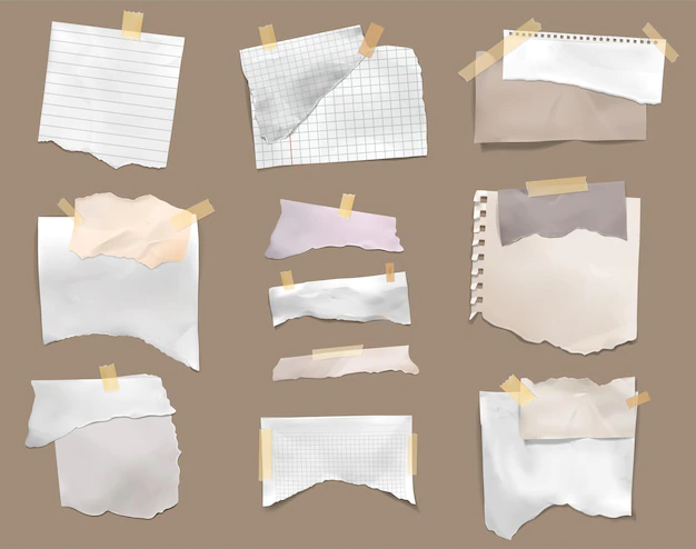 Free Vector | Ripped torn pieces checked pages lined paper stick with adhesive tape to cardboard realistic set