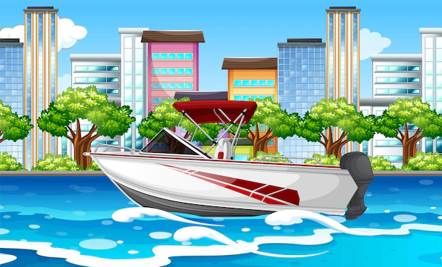 Free Vector | River city scene with a speedboat