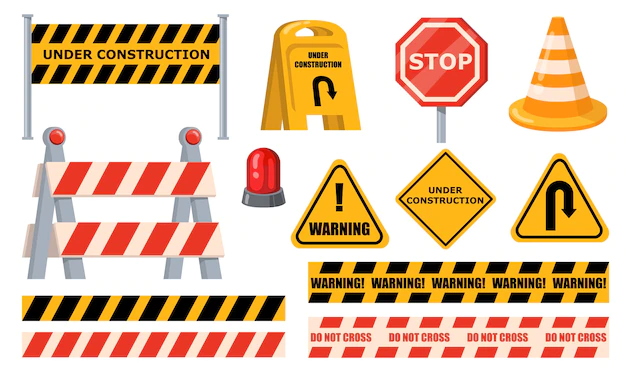 Free Vector | Road barriers set. warning and stop signs, under construction boards, yellow tape and cone. flat vector illustrations for roadblock, roadwork, traffic barricade concept.