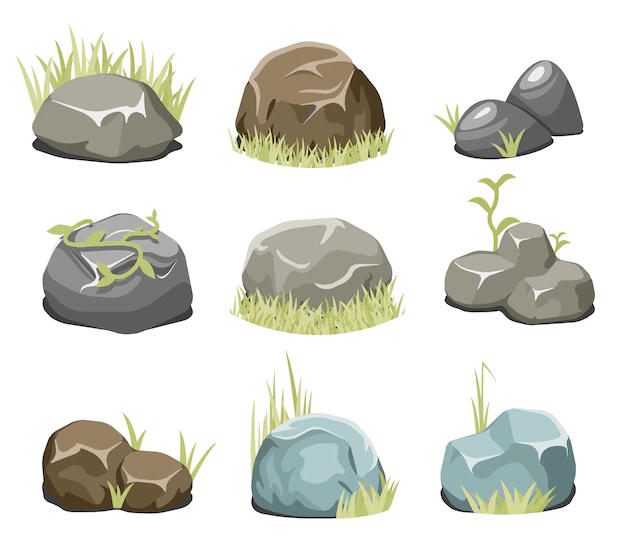 Free Vector | Rocks with grass, stones and green grass. nature rock, illustration outdoor, environment plant vector. vector rocks and vector stones