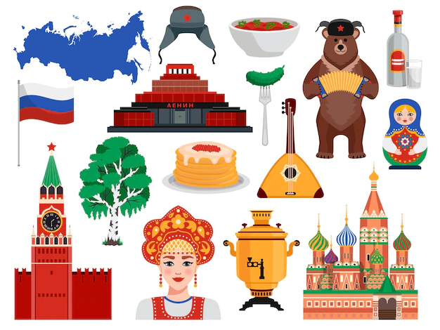 Free Vector | Russia travel symbols traditions landmarks flat set with pancakes kremlin vodka bear borscht birch tree