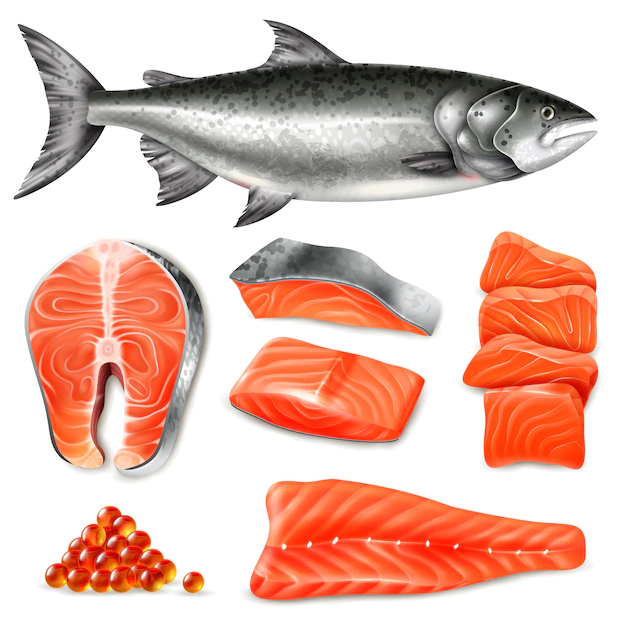 Free Vector | Salmon fish raw steaks and caviar icons set isolated on white