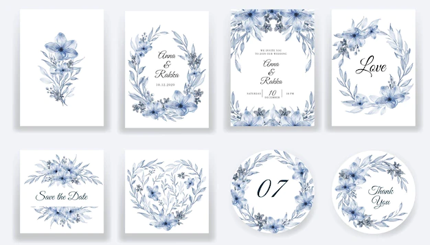 Free Vector | Save the date floral watercolor blue cards and invitation collection