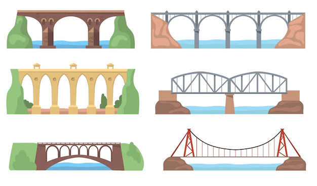 Free Vector | Scenic views with bridges set. arch constructions, aqueducts, rivers, cliffs, landscapes isolated . flat vector illustrations for architecture, landmark, transportation concept