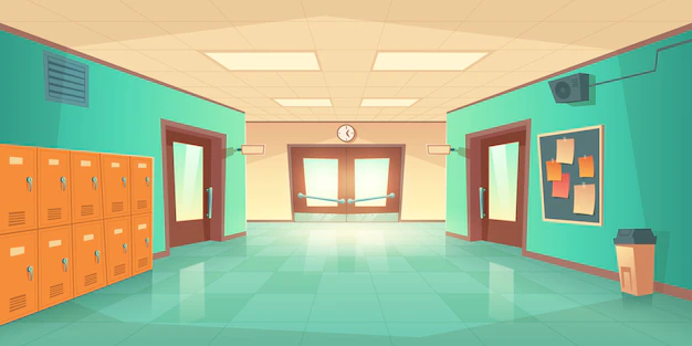 Free Vector | School hallway interior with doors and lockers