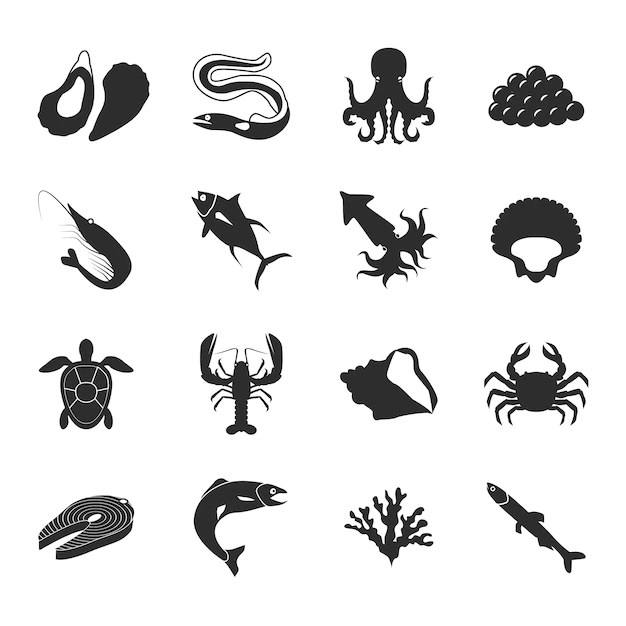 Free Vector | Sea food black icons set with lobster salmon shrimp and tuna isolated vector illustration