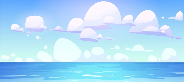 Free Vector | Sea landscape with calm water surface and clouds in blue sky.