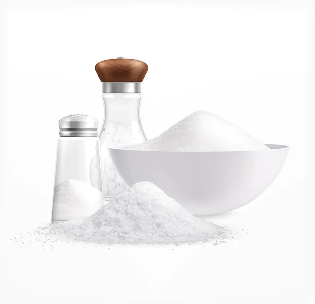 Free Vector | Sea salt realistic composition with piles of white salt in plates and glass jars with caps illustration