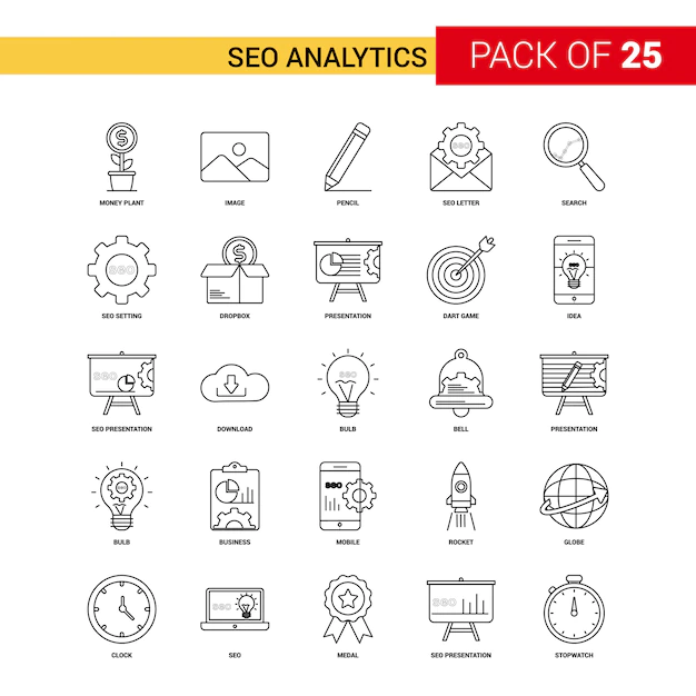 Free Vector | Seo analytics black line icon - 25 business outline icon set