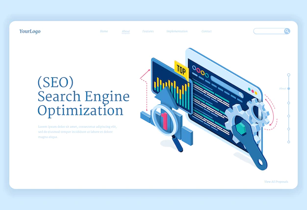 Free Vector | Seo search engine optimization isometric landing page. technology for internet marketing and digital business content. computer devices desktop with gears and analysis charts, 3d web banner