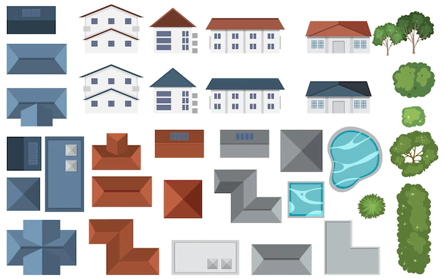 Free Vector | Set of aerial view houses and decor element