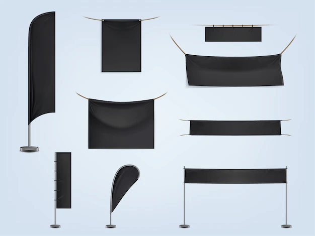 Free Vector | Set of black blank textile banners or flags, stretched and hanging