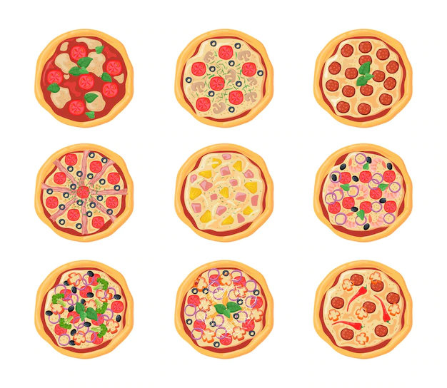 Free Vector | Set of cartoon pizzas with different stuffing. flat illustration.