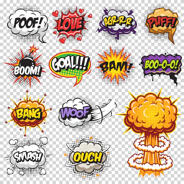 Free Vector | Set of comics speech and explosion bubbles. colored with text on transparent background.