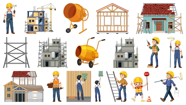 Free Vector | Set of construction site objects and workers