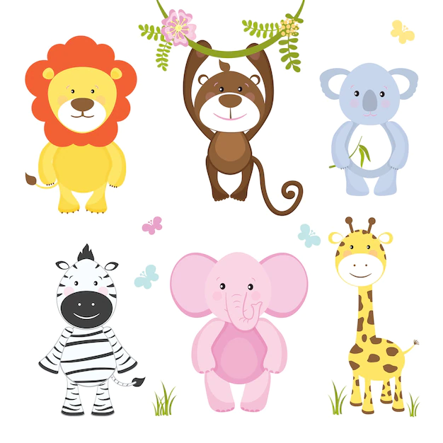 Free Vector | Set of cute vector cartoon wild animals with a monkey hanging from a branch  lion  pink elephant  koala bear  zebra and giraffe suitable for kids illustrations isolated on white