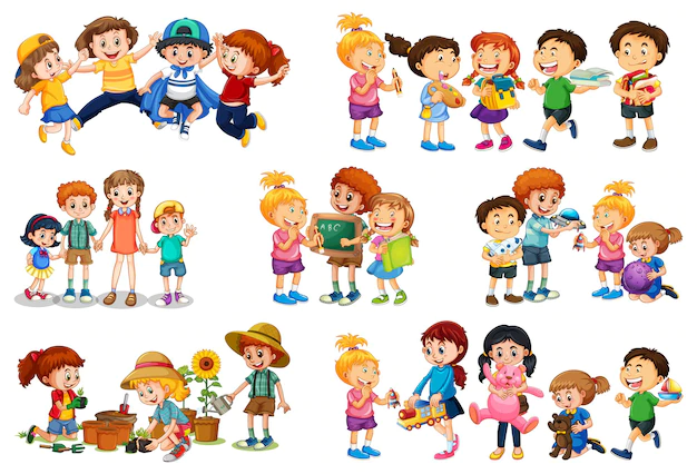 Free Vector | Set of different kid playing with their toys cartoon character isolated on white background
