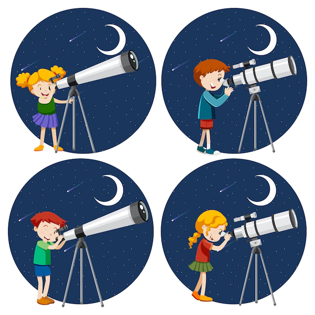 Free Vector | Set of different kids looking through telescope at night