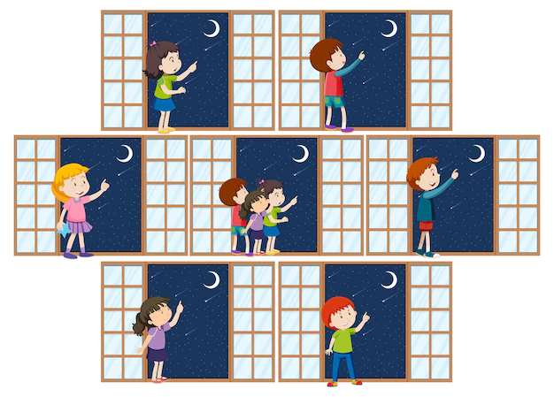 Free Vector | Set of different kids pointing finger to the moon