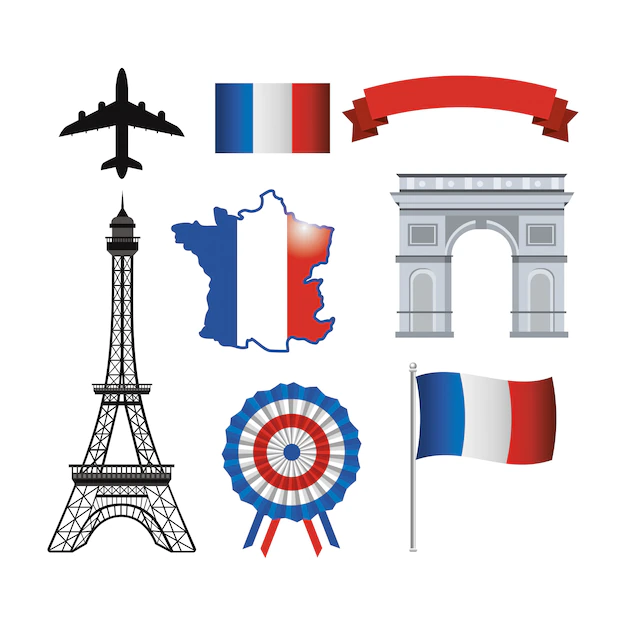 Free Vector | Set of eiffel tower and france flag with ribbon