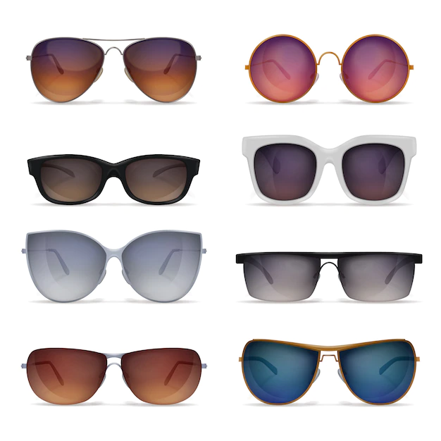 Free Vector | Set of eight isolated sunglasses realistic images with sun goggles models of different shape and colour