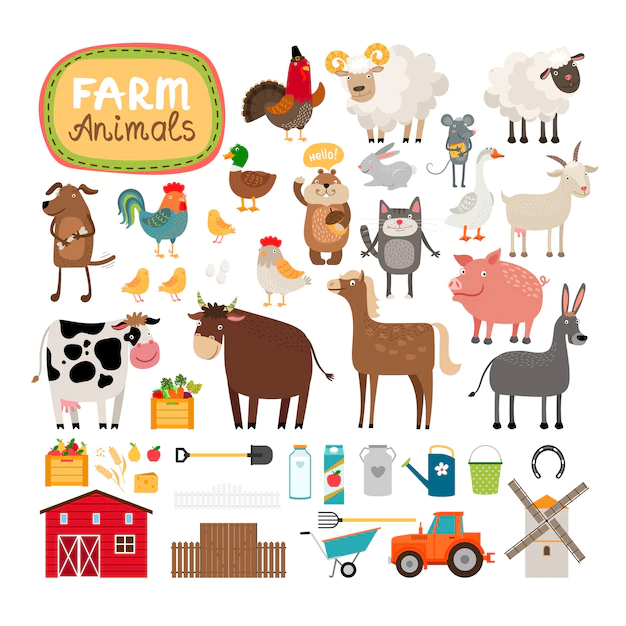 Free Vector | Set of farm animals and agricultural accessories.