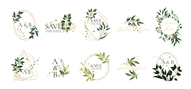 Free Vector | Set of floral wedding logos and monogram with elegant green leaves golden geometric triangular frame for invitation save the date card design. botanical vector illustration