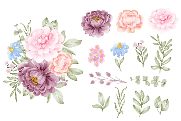 Free Vector | Set of flower pink purple and leaf isolated clip-art