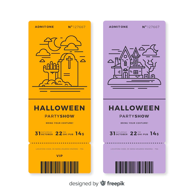 Free Vector | Set of halloween party tickets with outline drawings