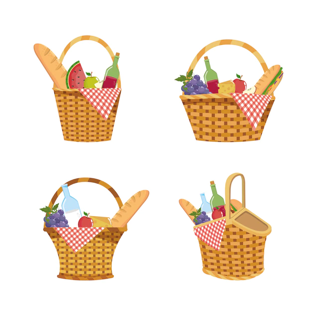 Free Vector | Set of hamper with food and tablecloth decoration