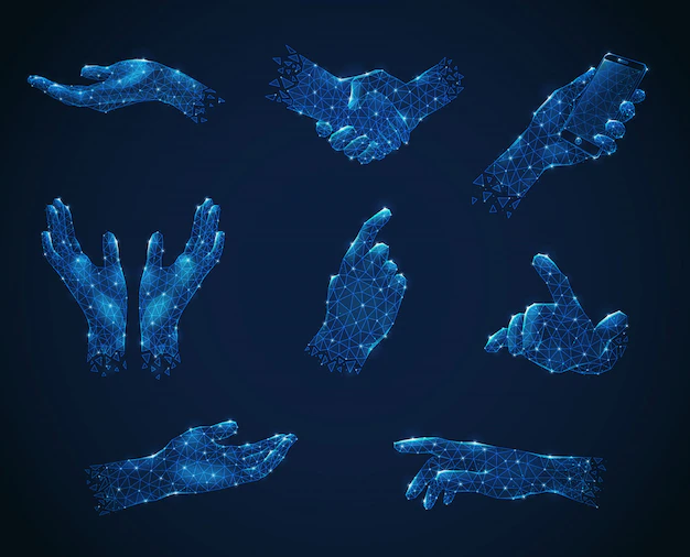 Free Vector | Set of hand gestures in blue polygonal wireframe style luminescent