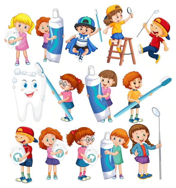 Free Vector | Set of happy kids holding dental cleaning equipment on white bac
