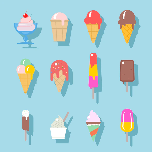Free Vector | Set of ice cream icons in flat style. ice cream on a stick, in waffle cup.