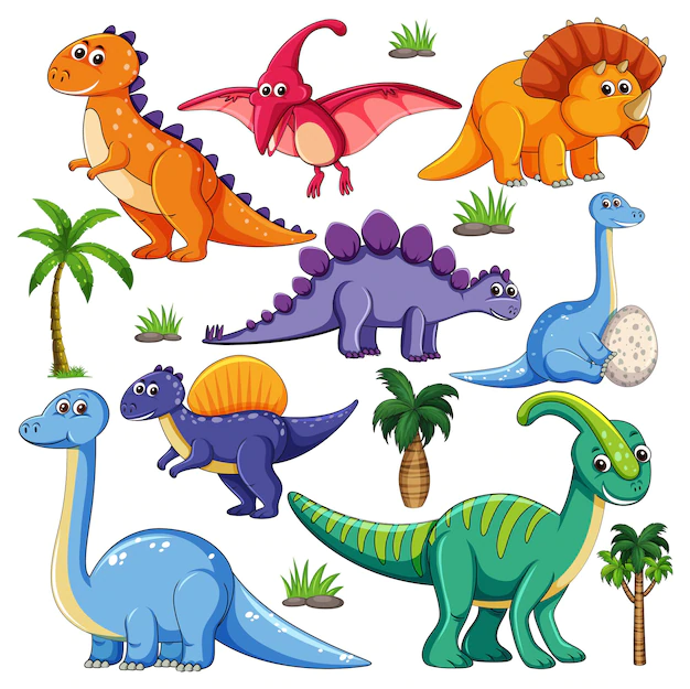Free Vector | Set of isolated various dinosaurs cartoon character on white background