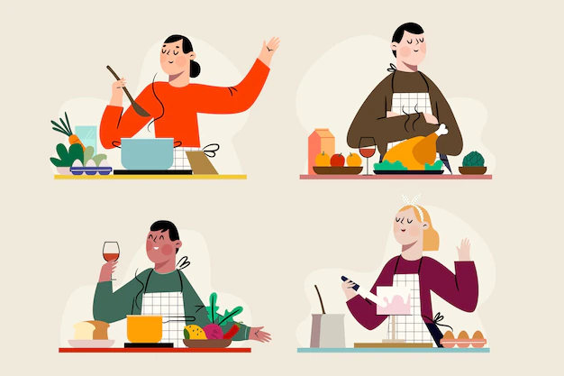 Free Vector | Set of people cooking their favourite food
