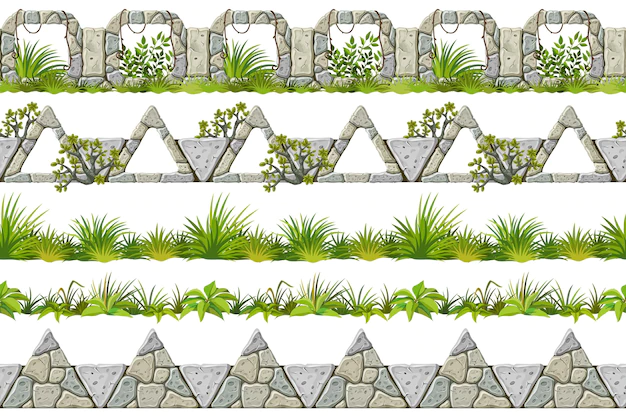 Free Vector | Set of seamless border old gray rock and grass vector stone sidewalks with leaves
