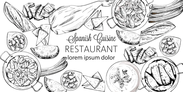 Free Vector | Set of spanish national food. mussels, jamon bone, baguette, cheese, calzone, seafood soup, green beans or spinach puree