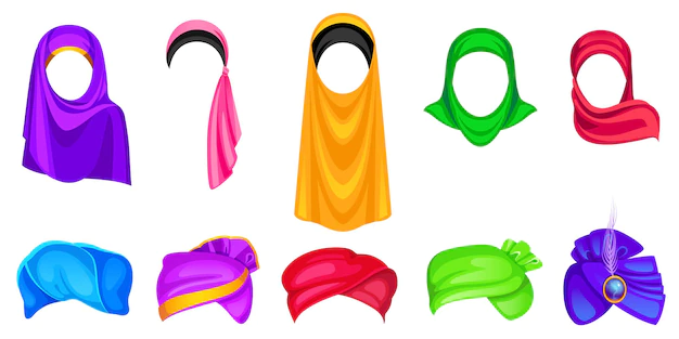 Free Vector | Set of turban and hijab headwear for men and women oriental and indian wrap hats