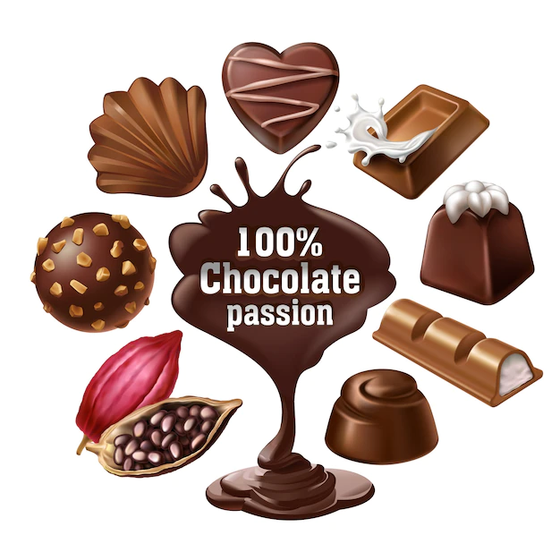 Free Vector | Set of vector icons of chocolate desserts and candies, liquid chocolate and cocoa beans