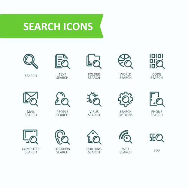 Free Vector | Set of vector illustrations fine line icons of analysis, search of information. 32x32 pixel perfect